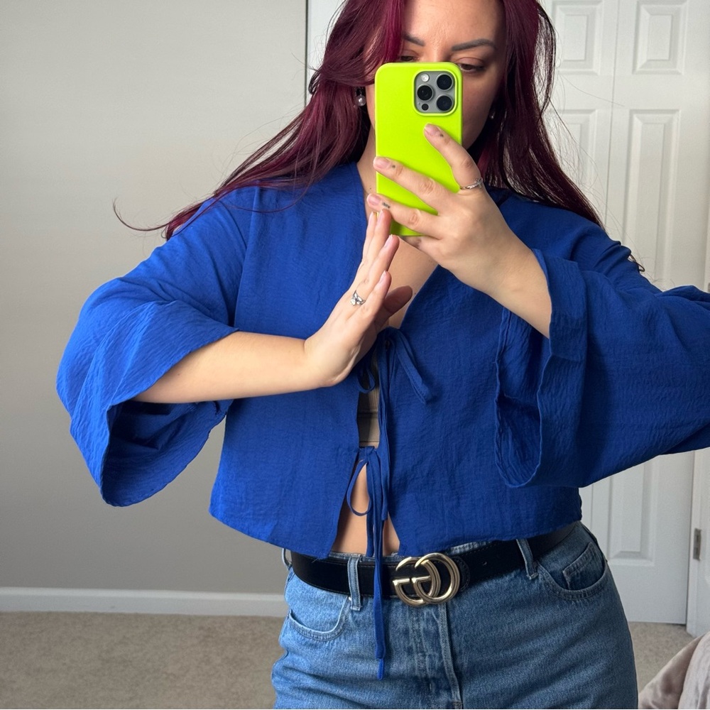 Indigo blue women blouse T-shirt flared sleeves size L